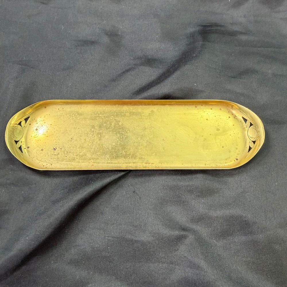 Vintage Brass Vanity Tray Art Nouveau Floral Cut Out Long Oval Trinket Dish 8"